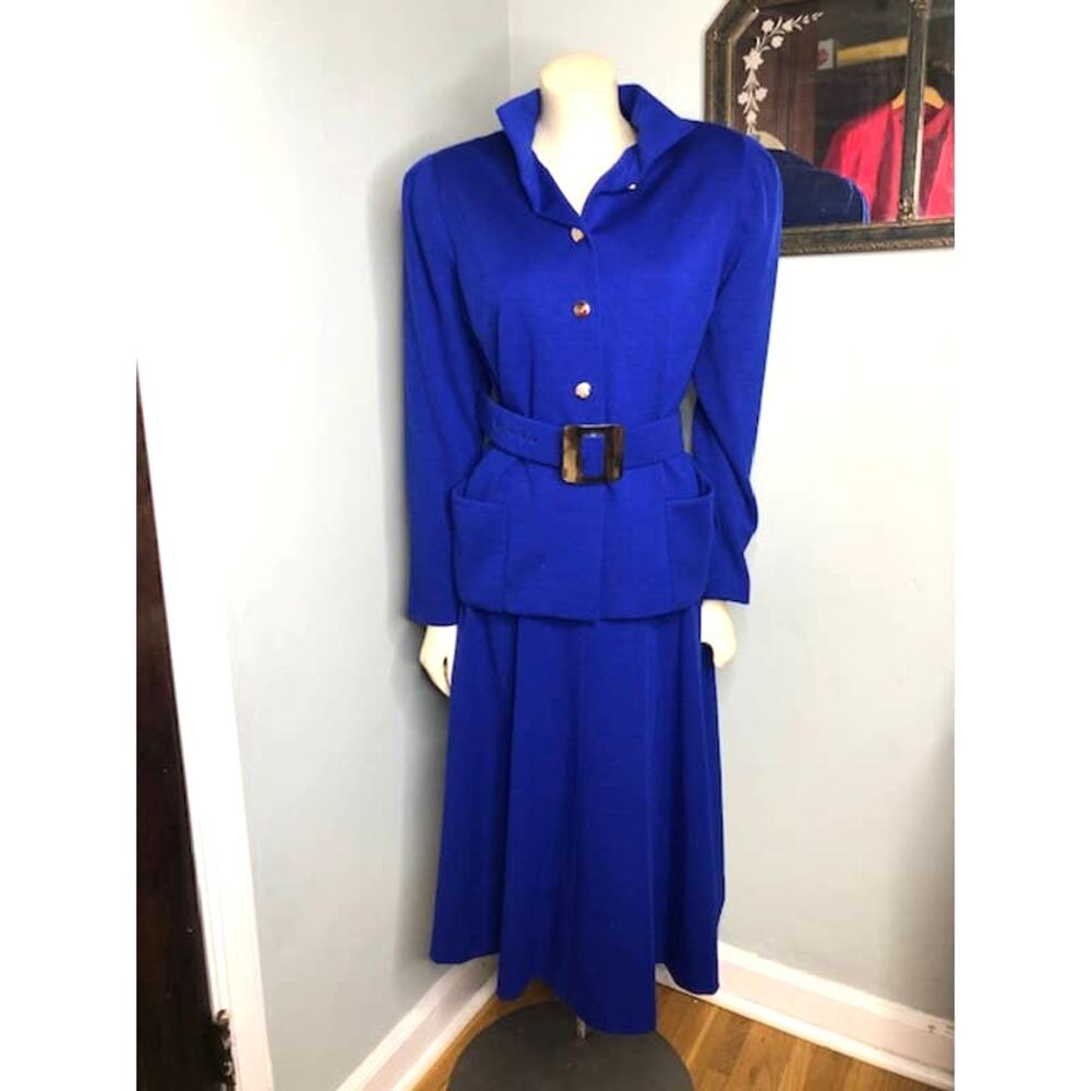 Pauline Trigere Vintage Blue Wool Suit with Belt